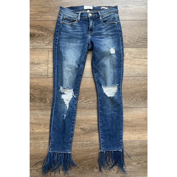 Frame Denim Jeans Womens 26 Le Skinny De Jeanne Feathered Hem Distressed Boho - Picture 2 of 12
